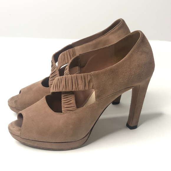 Prada Dark Tan Suede Elastic Ruched Strappy Heels - Picture 3 of 16
